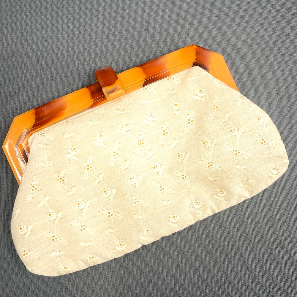 VTG 70s Eyelet Clutch Handbag Womens Ivory Boho Hippie Cottagecore Pockets Retro